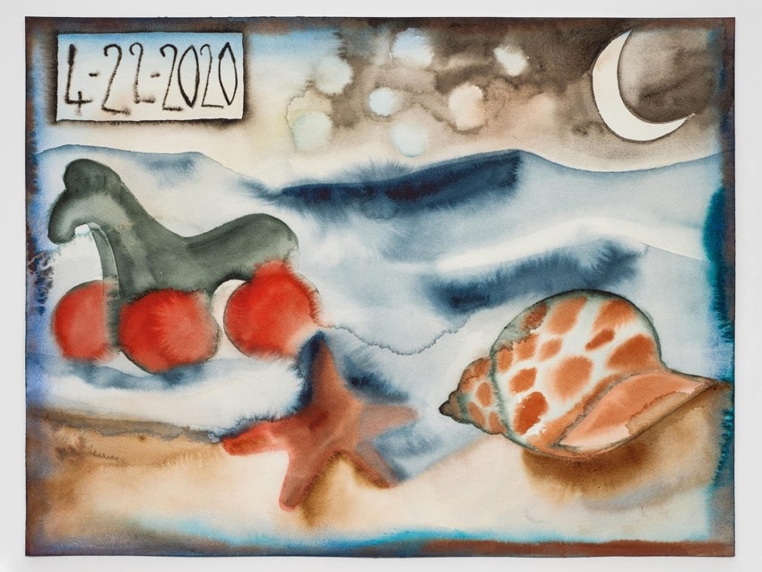 Watercolor painting of a beach scene with tomatoes, a starfish, a shell, and a crescent moon, labeled 4-27-2020.