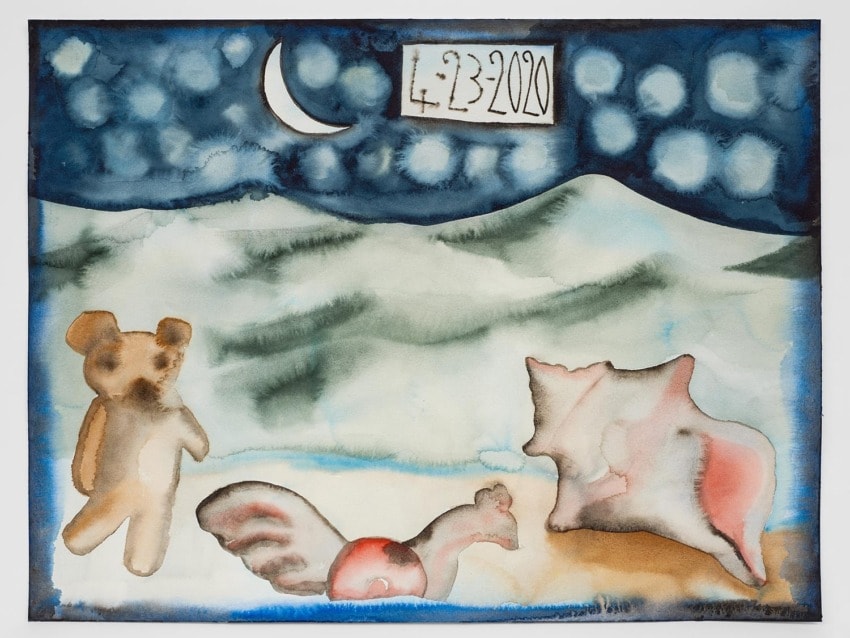 Abstract watercolor of a night scene with a crescent moon, bear, rooster, pig, and date 4-3-2020 in the sky.