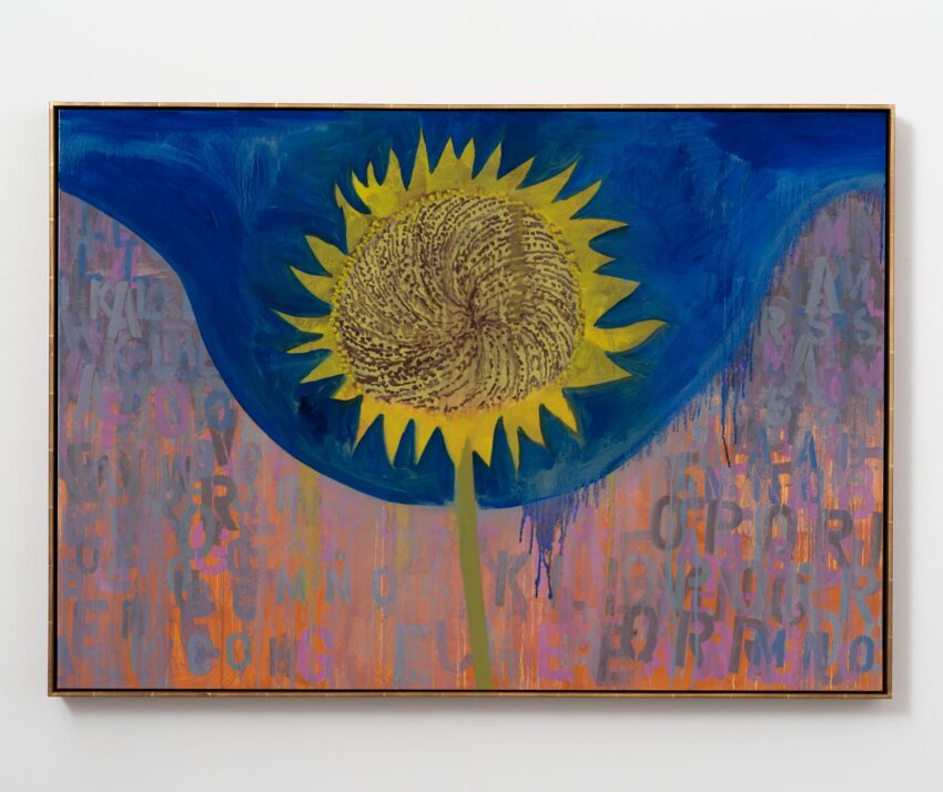 Painting of a large sunflower with a swirling center against a blue and purple abstract background with faint text.
