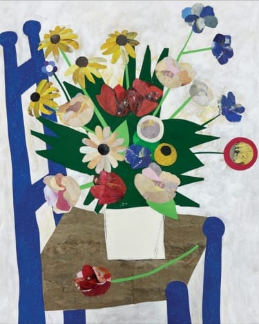 Colorful abstract painting of a vibrant floral arrangement in a vase on a wooden table with a blue chair in the background.
