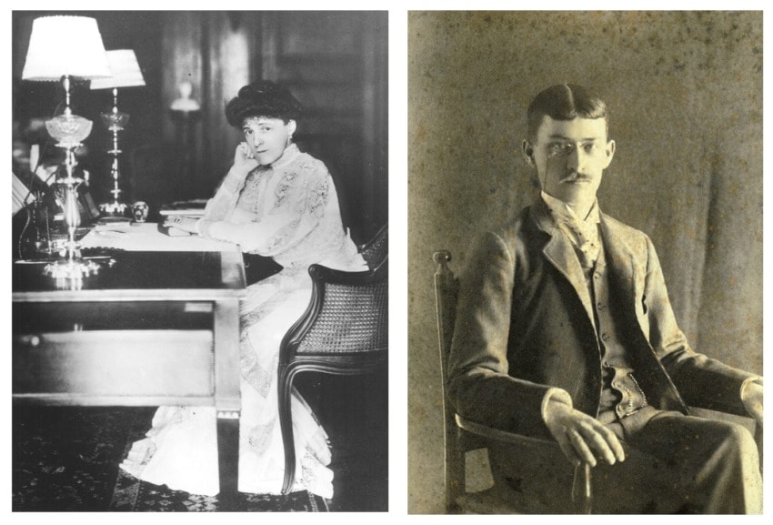 Woman in vintage dress at a desk, and a man in a suit sitting on a chair, both in sepia-toned photos.