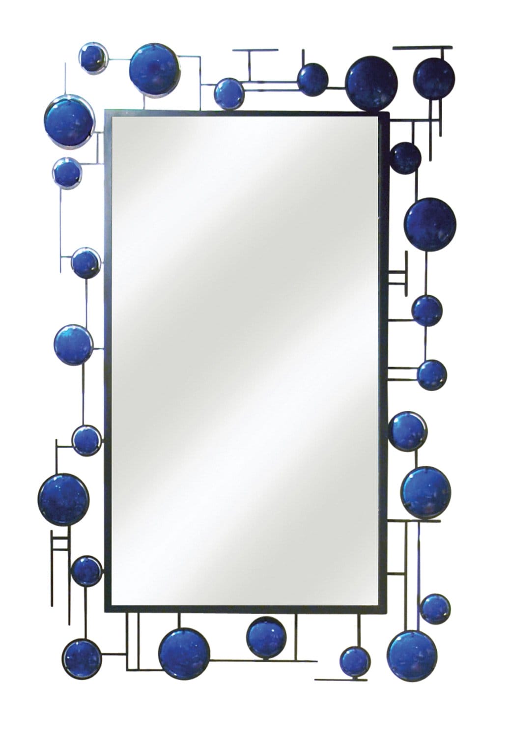 Rectangular mirror with an abstract frame featuring blue circular decorations.