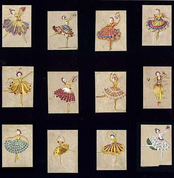 Twelve drawings of dancers in vibrant costumes, each adorned with colorful embellishments, set against a dark background.
