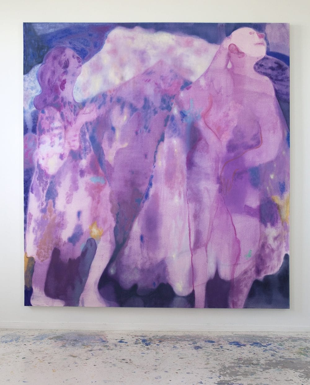 Abstract painting in shades of purple and pink featuring two human figures with blurred, ethereal forms.