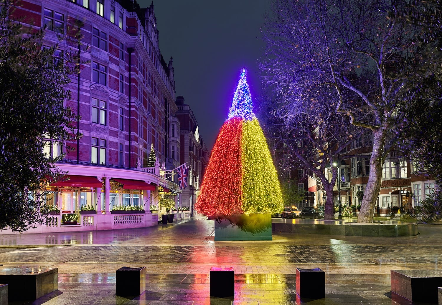 Vibrant Christmas tree illuminated in a city square at night, surrounded by festive buildings and lights.