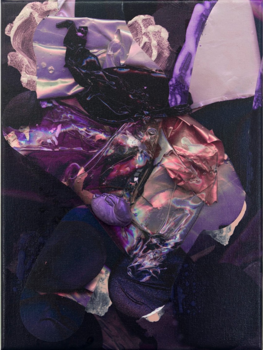 Abstract art with layers of purple, pink, and black textures creating a striking and dynamic visual composition.