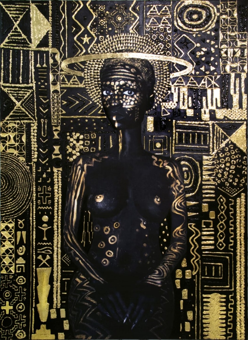 Artistic image of a person with body paint standing against a geometric and patterned background in black and gold tones.