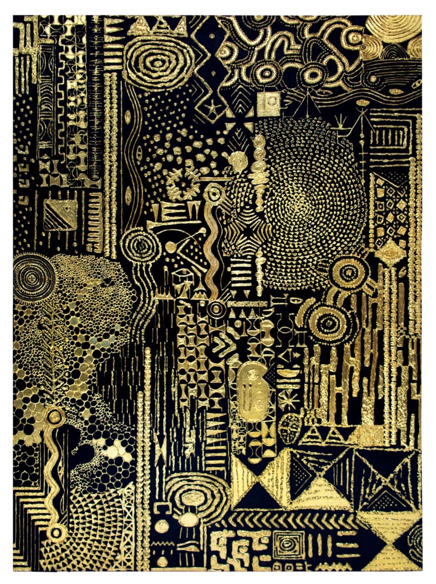 Abstract artwork with intricate gold geometric patterns on a black background, featuring circles, lines, and shapes.