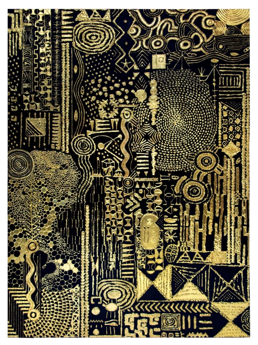 Abstract artwork with intricate gold geometric patterns on a black background, featuring circles, lines, and shapes.