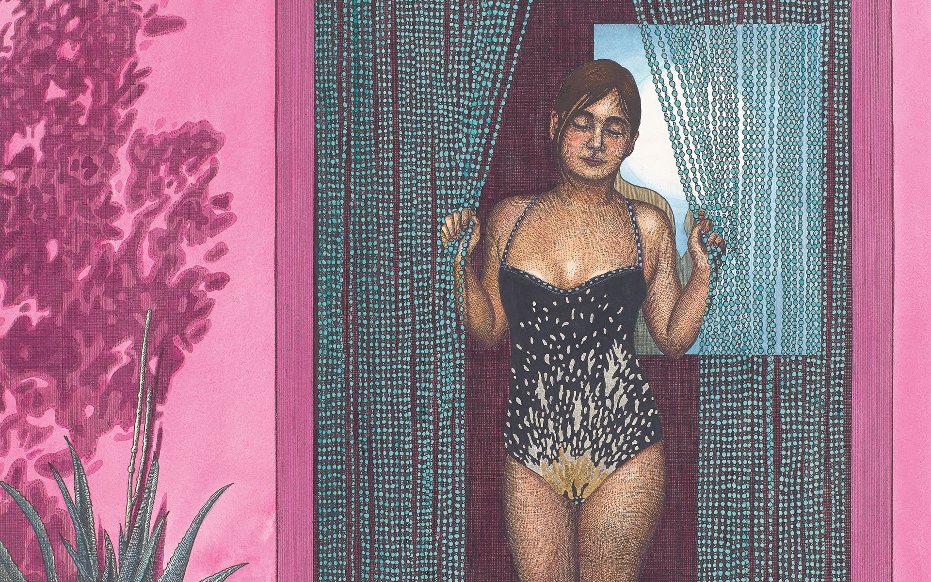 Illustration of a woman in a patterned swimsuit standing between beaded curtains in a vibrant pink room.