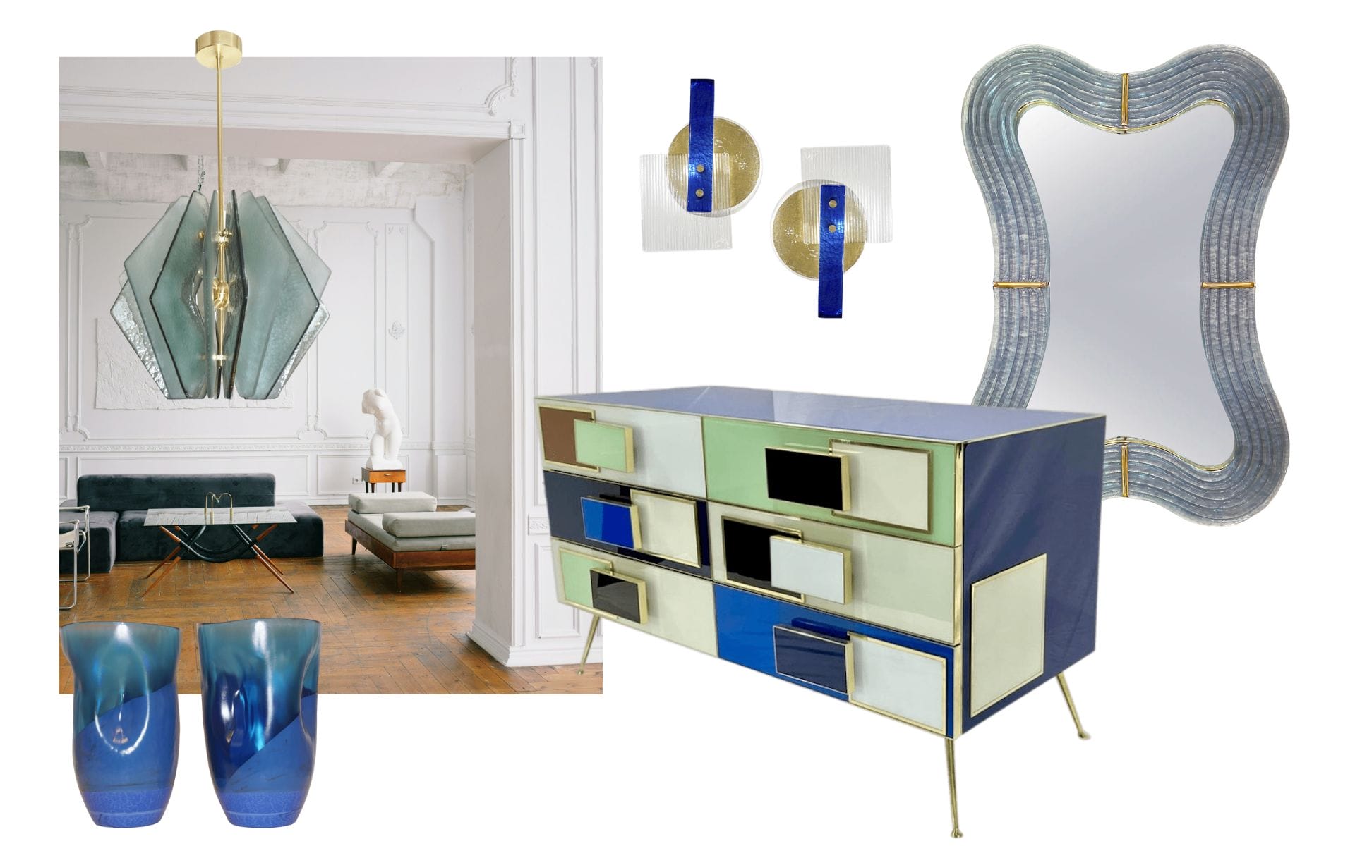 Collage of modern interior design elements including furniture, lighting, and mirror in blue and gold tones.