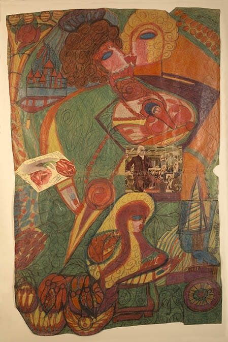 Colorful abstract painting featuring a man, woman, sailboats, and ornate patterns with integrated photo and motif elements.