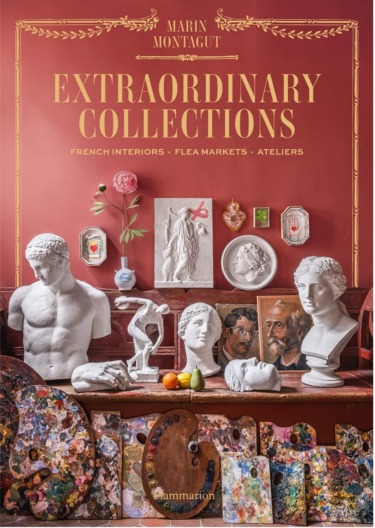 Book cover of Extraordinary Collections by Marin Montagut, featuring sculptures, paintings, and artistic decor on a red backdrop.