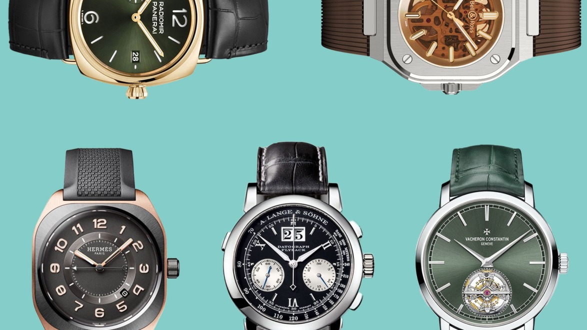 Collection of six luxury wristwatches with various designs and styles displayed on a turquoise background.