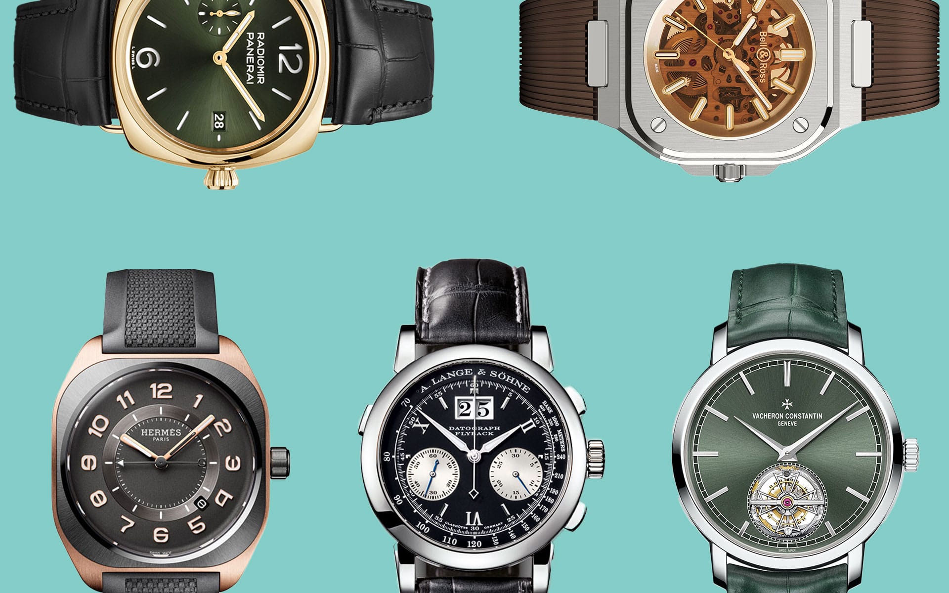 Collection of six luxury wristwatches with various designs and styles displayed on a turquoise background.