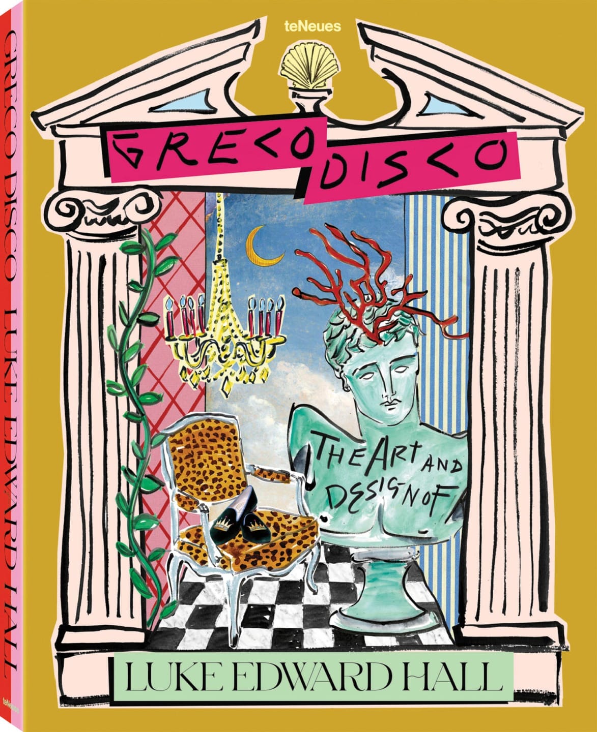 Colorful book cover featuring eclectic art designs, a leopard chair, and a bust with branches, titled Greco Disco by Luke Edward Hall.