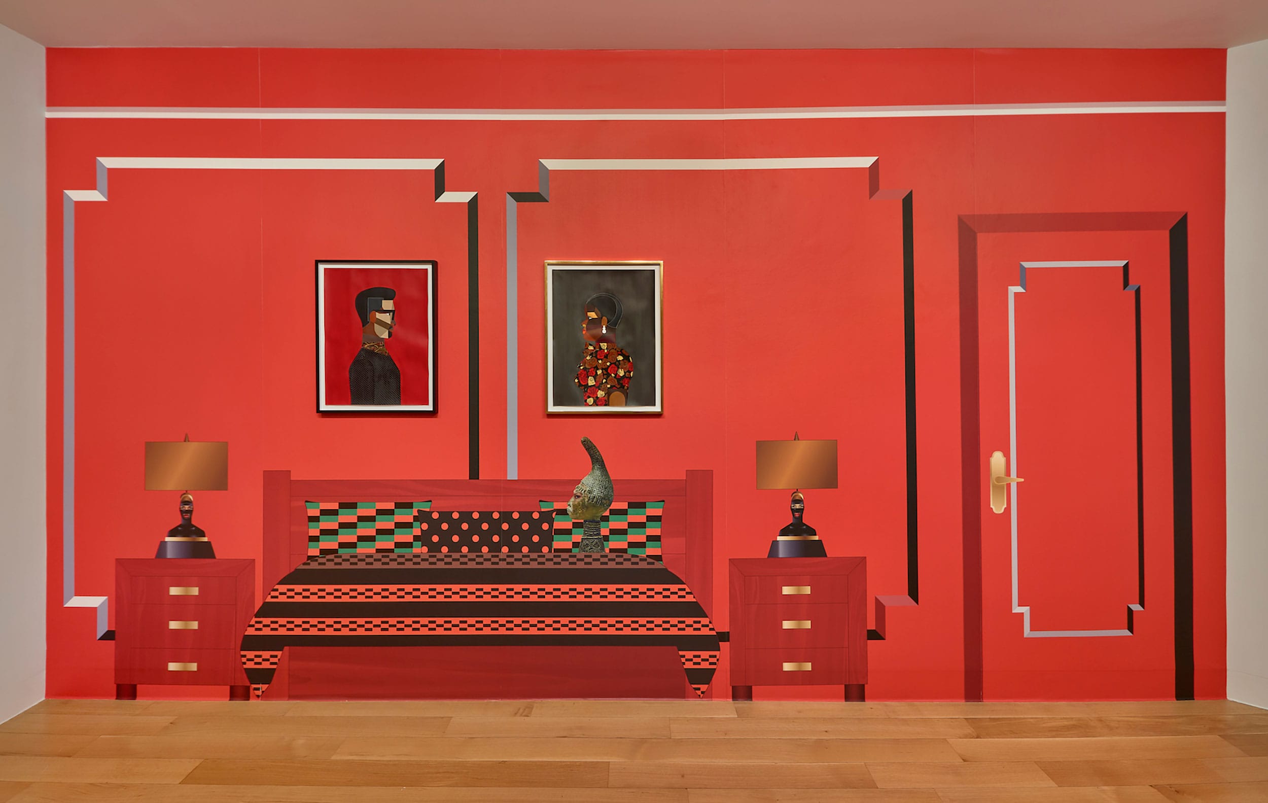 Red room illusion artwork featuring a painted bed, two portraits, a door, and two lamps on wooden flooring.