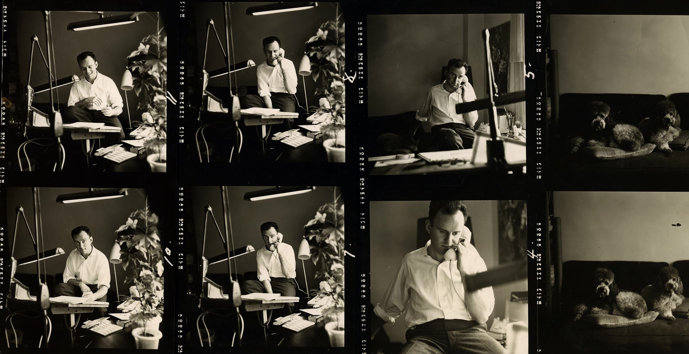 Man in office setting with plants, desk, lamp, and papers, appearing thoughtful and busy in monochrome photo grid arrangement.