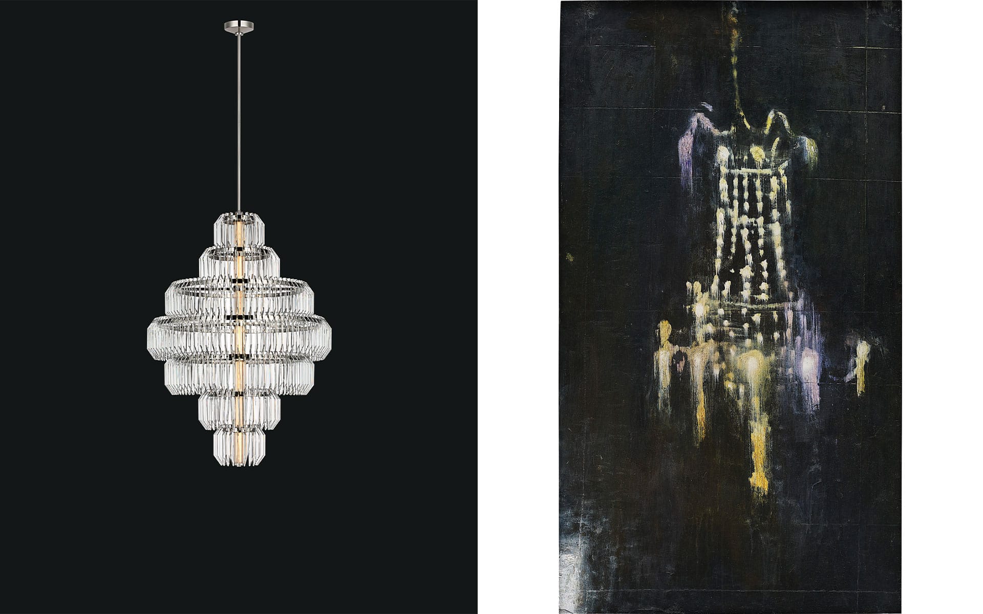 Left, the Killarney chandelier by Visual Comfort in collaboration with Waterford. Right, Untitled (Chandelier Painting) (1984), by Ross Bleckner.