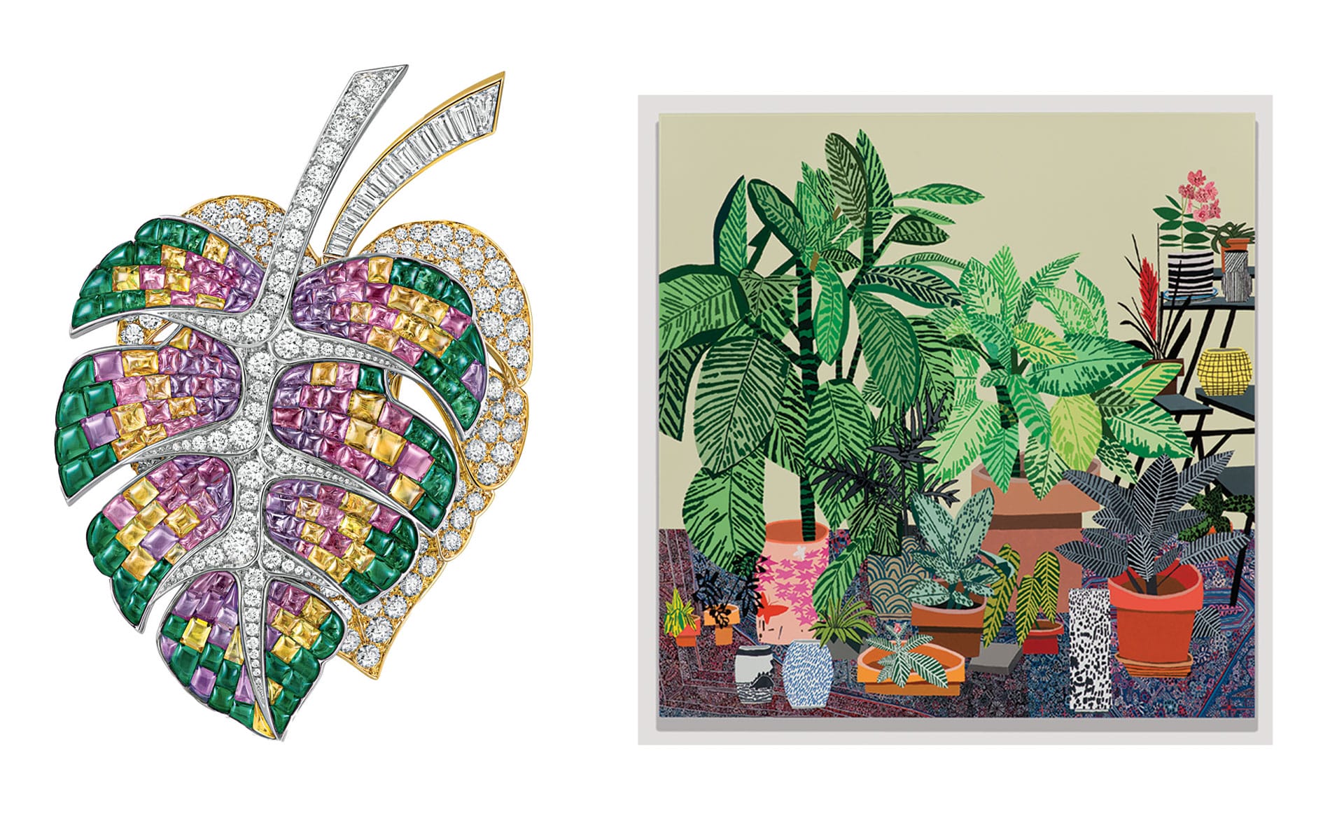 Left, a Philo Mystérieux brooch from Van Cleef & Arpels and right, Blue Rug Still Life, (2014), by Jonas Wood.