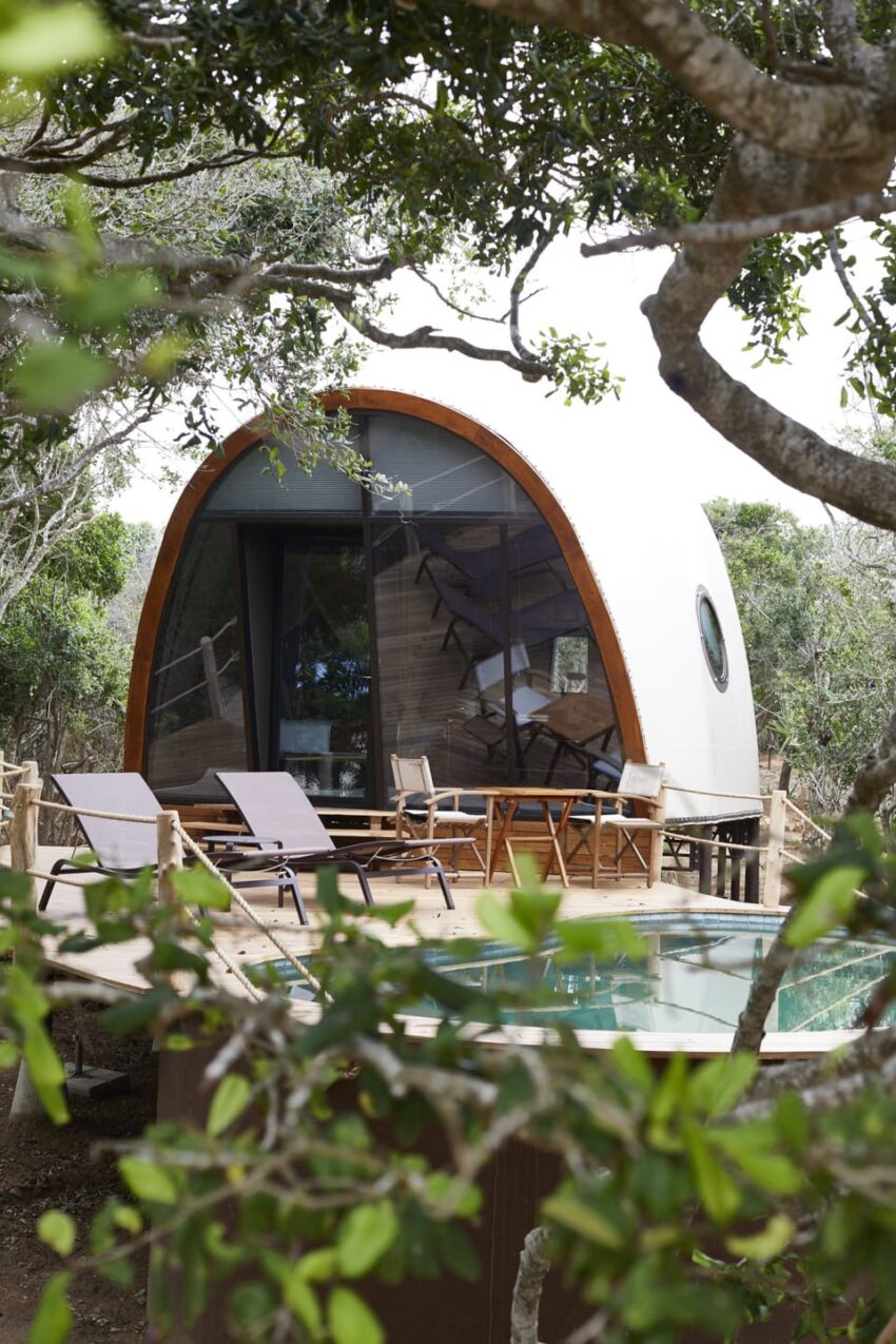 Modern dome-shaped cabin with large windows and a small patio beside a circular pool, surrounded by lush greenery.