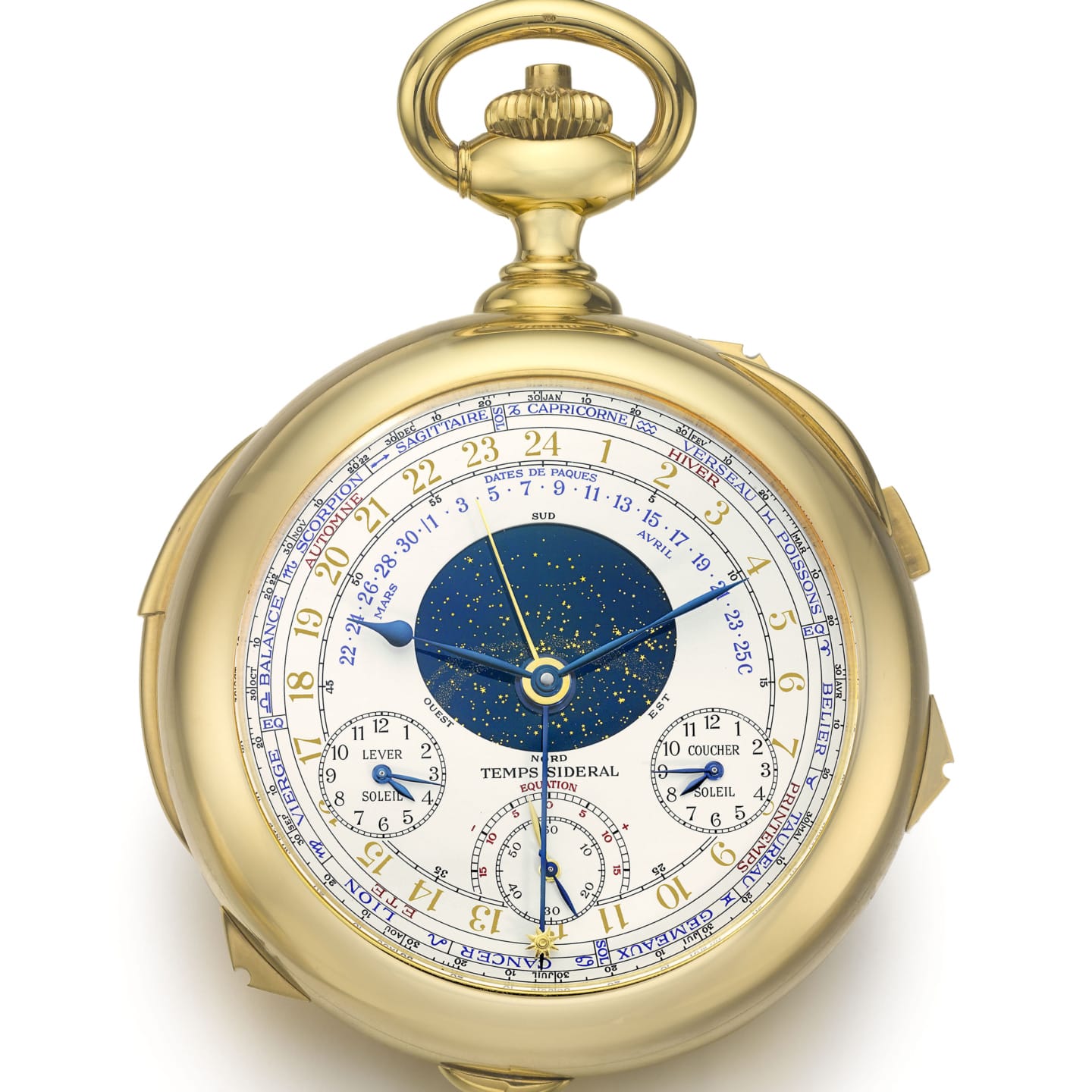 Intricate gold pocket watch with celestial design and multiple dials on white background.