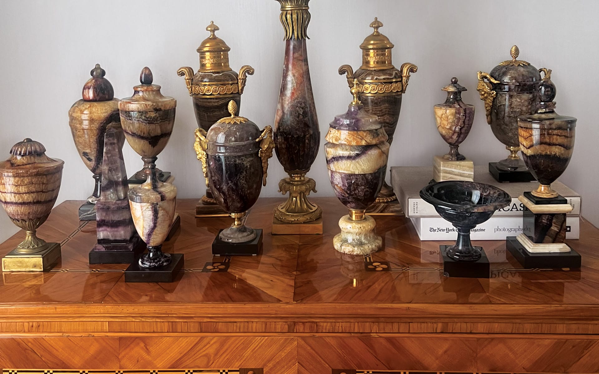 Wes Gordon displays a tabletop collection of rare 18th-century English blue john pieces cultivated by Wes Gordon.