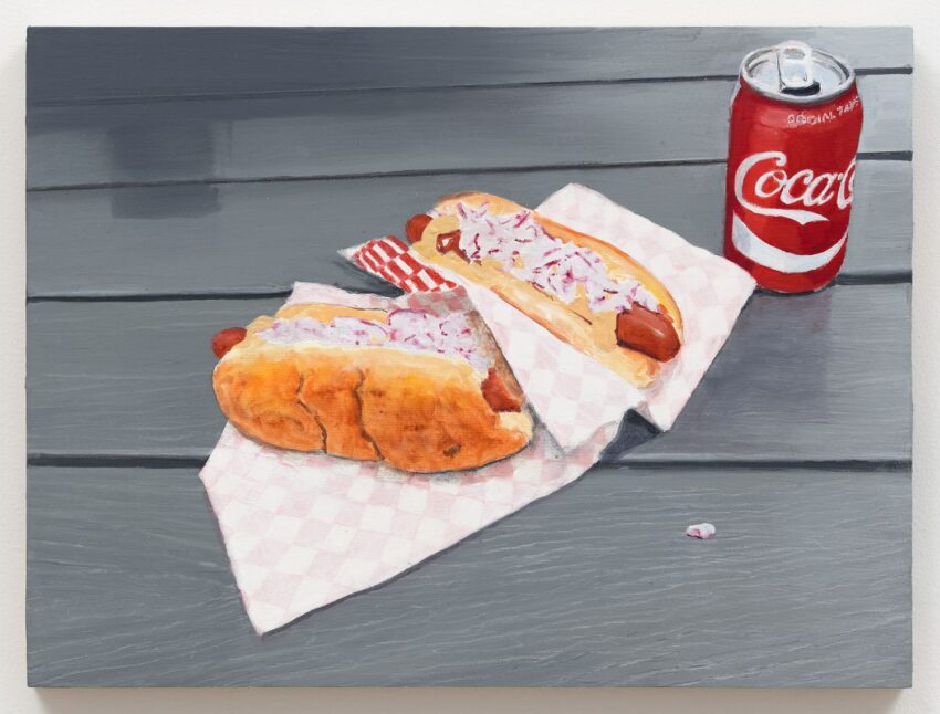 Painting of two hot dogs with onions on a picnic table, accompanied by a can of Coca-Cola.