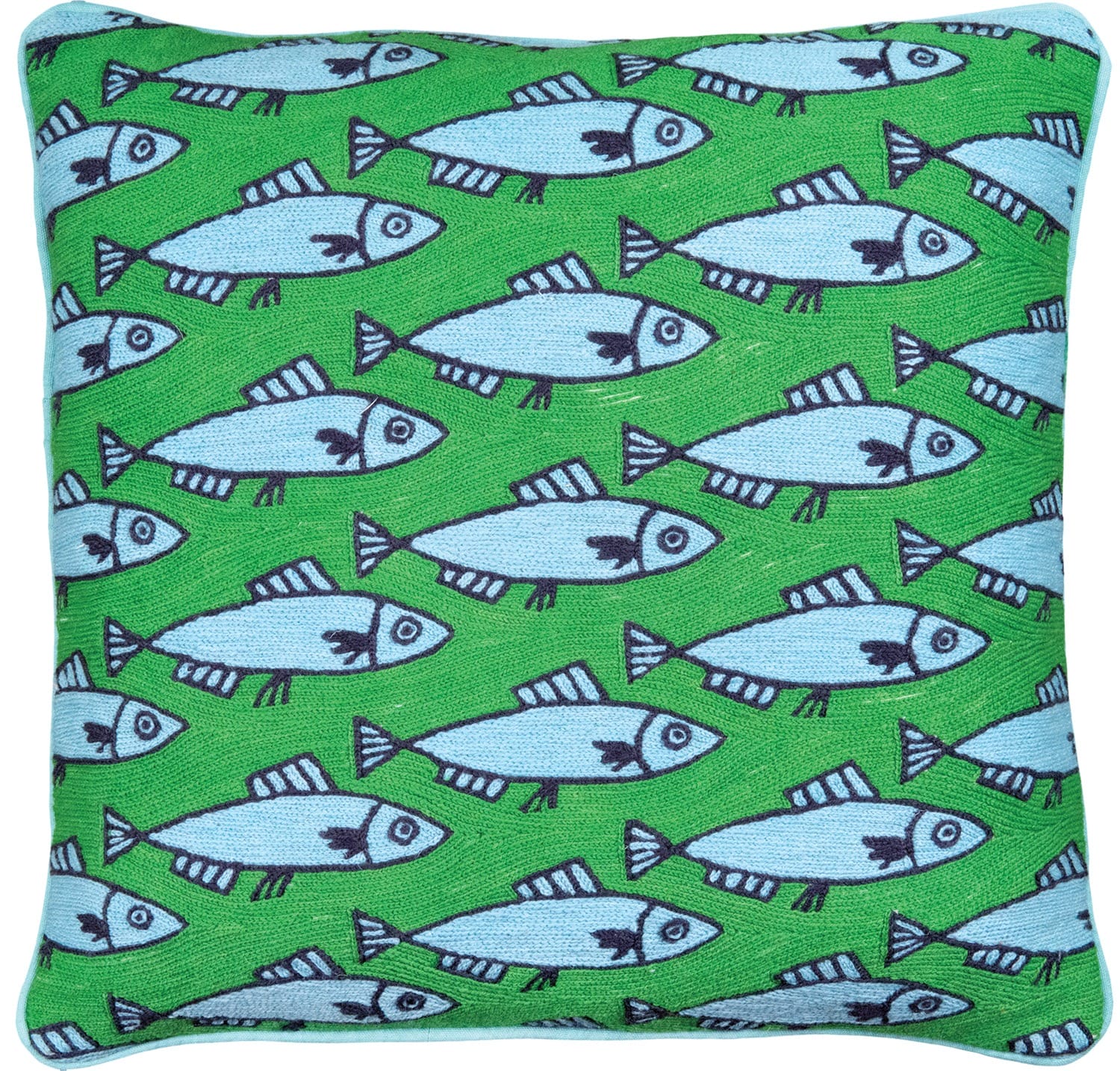 Green cushion cover with a pattern of blue fish swimming horizontally, featuring black outlines and details.