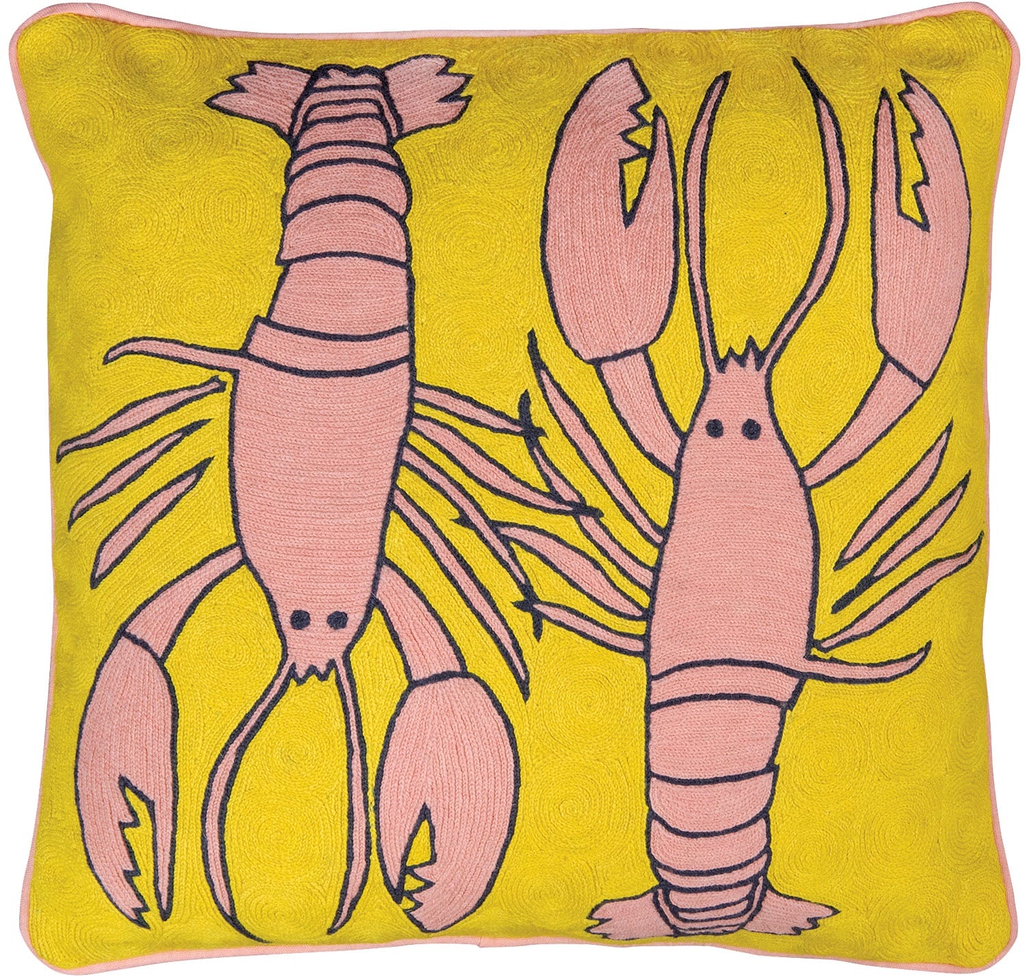 Yellow cushion with two pink lobster illustrations drawn in a playful, cartoonish style.