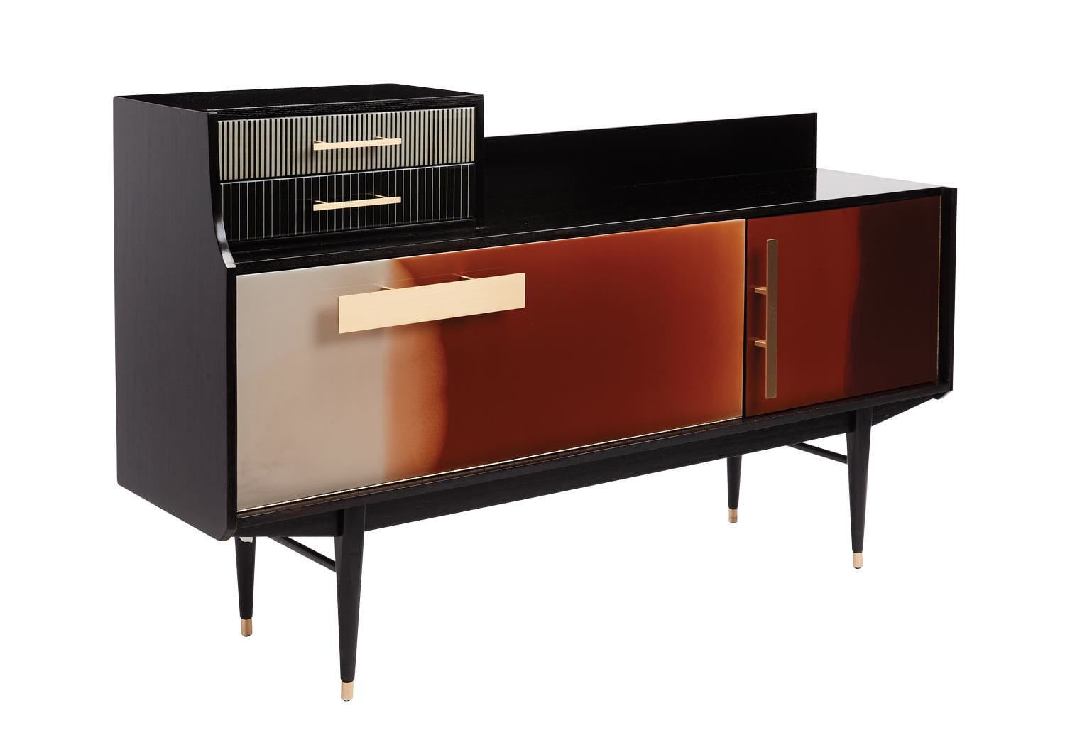 Mid-century modern sideboard with black, bronze, and gold accents, featuring drawers and cabinets on sleek tapered legs.