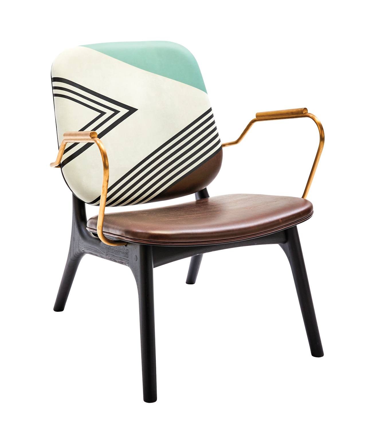 Modern chair with geometric patterned backrest, leather seat, and gold armrests on a wooden frame.