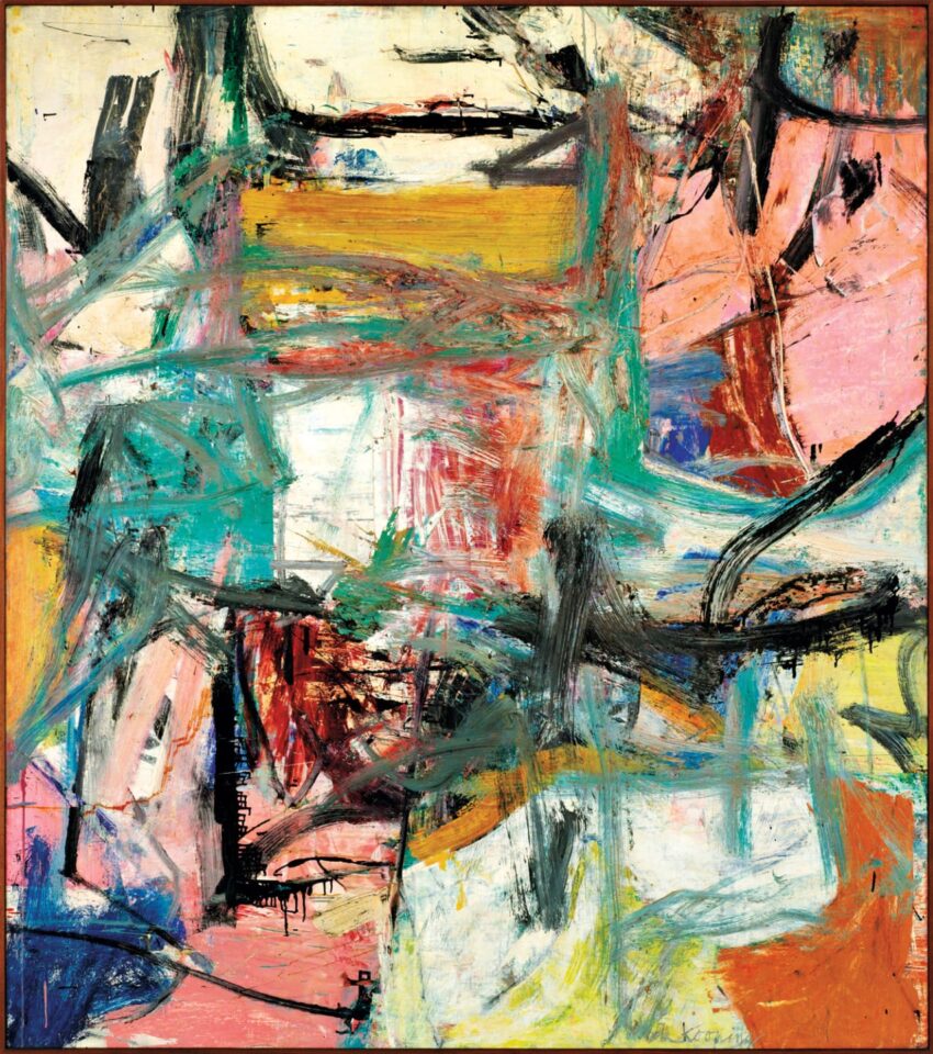 Abstract painting with bold, vibrant colors and dynamic brushstrokes creating a complex interplay of shapes and lines.