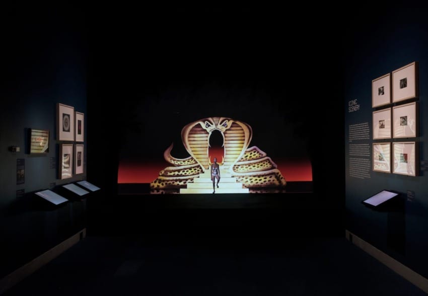 Art installation featuring a large cobra sculpture with a pathway leading into its mouth, surrounded by framed artworks on walls.