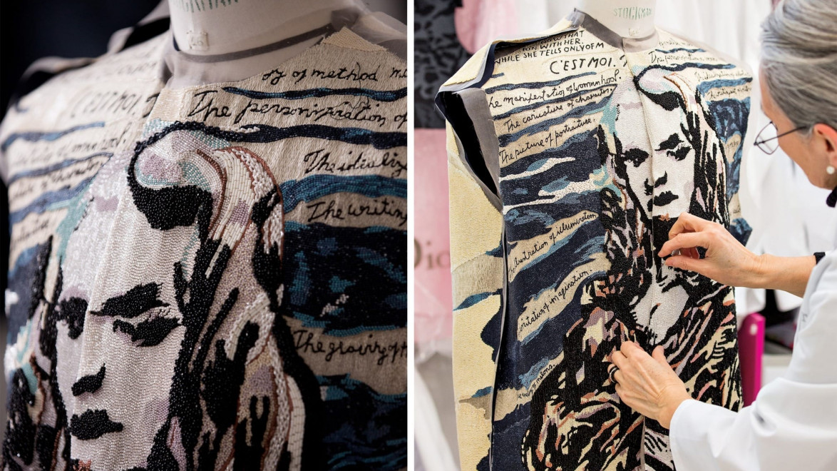 Designer stitching detailed fabric artwork onto mannequin in a fashion studio.