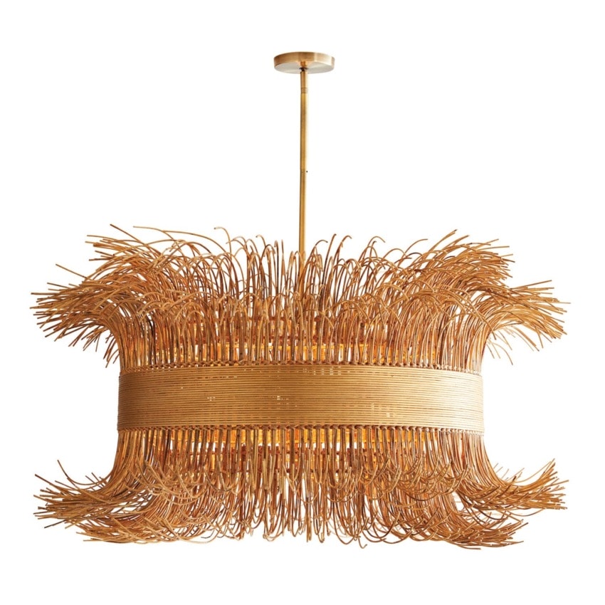 Unique wicker chandelier with intricate design and gold accents hanging from ceiling, offering a modern, artistic look