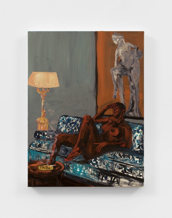 Painting of a person reclining on a patterned sofa with a table and a lamp nearby, and a statue in the background.