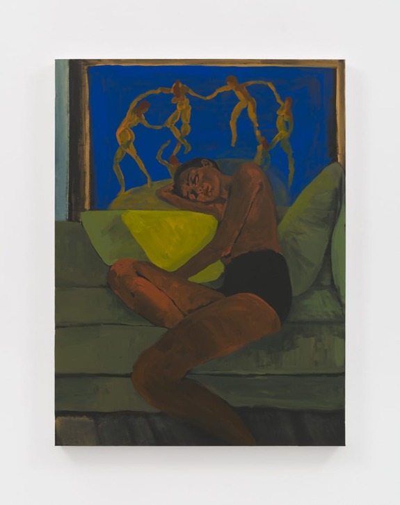 Painting of a person sleeping on a couch with a vibrant blue painting featuring dancing figures in the background.