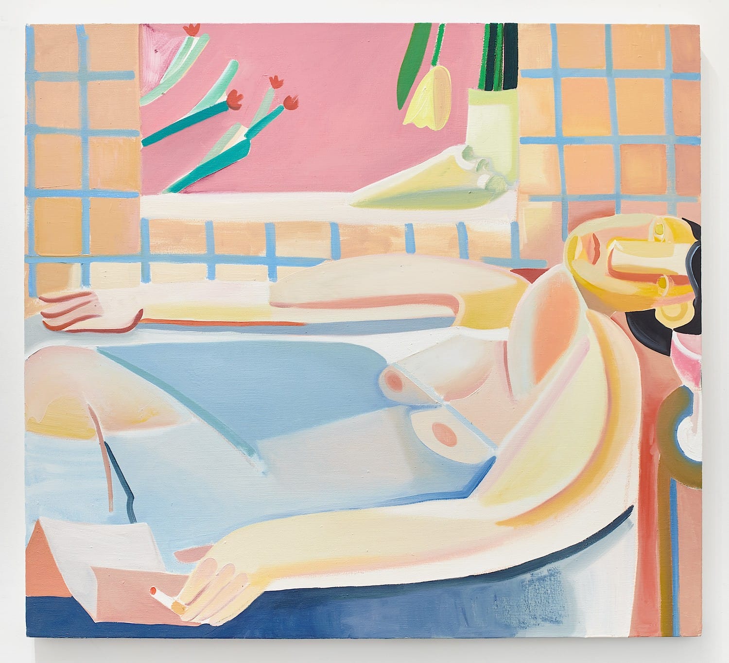 Abstract painting of a reclining woman in a colorful room with geometric patterns and flowers in the background.