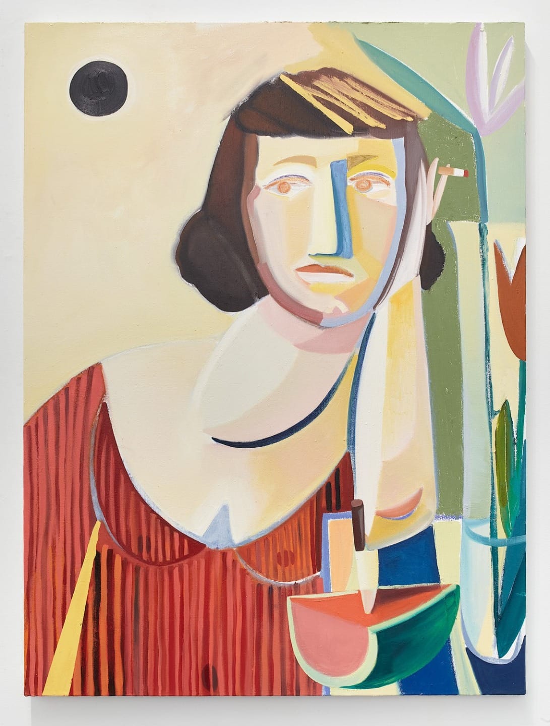 Colorful abstract painting of a person sitting with a small plate and fruit, featuring bold shapes and varied colors.