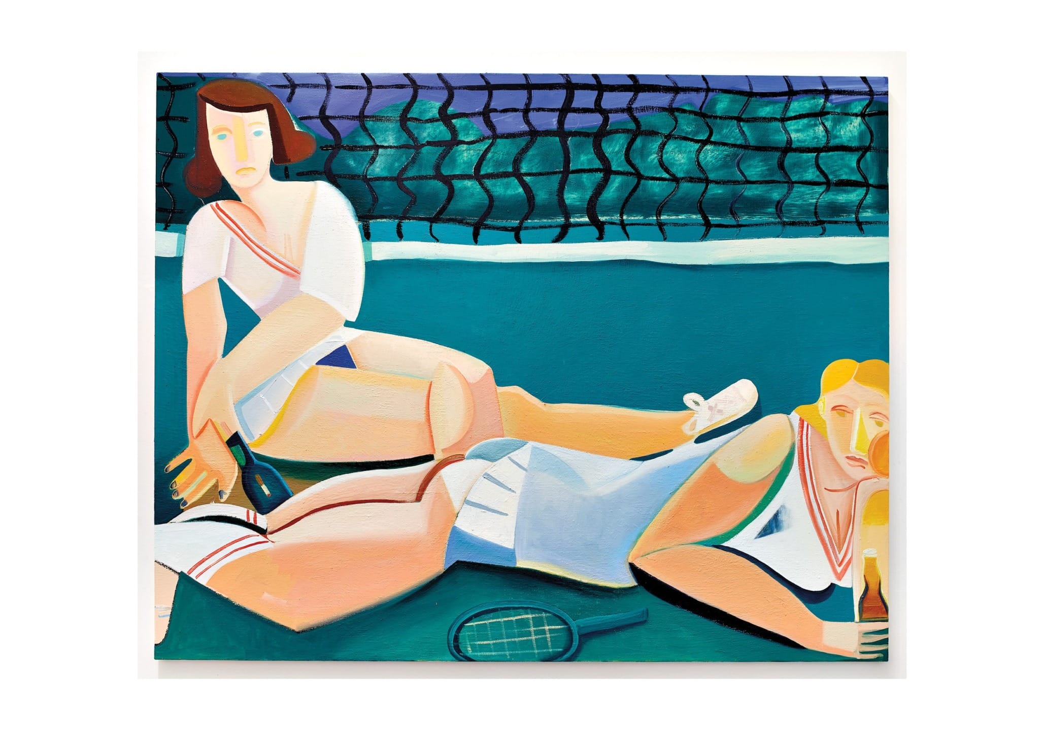Colorful painting of two tennis players on a court, one seated and the other lying down, with a tennis net in the background.