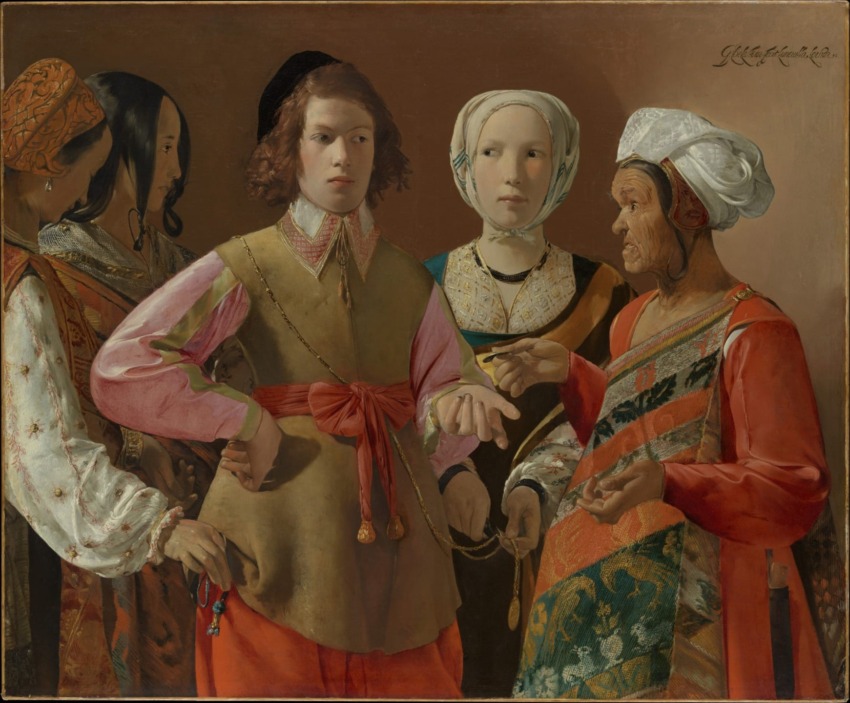 A painting of a young man being tricked by a fortune teller and her accomplices, depicting a scene from the 17th century.