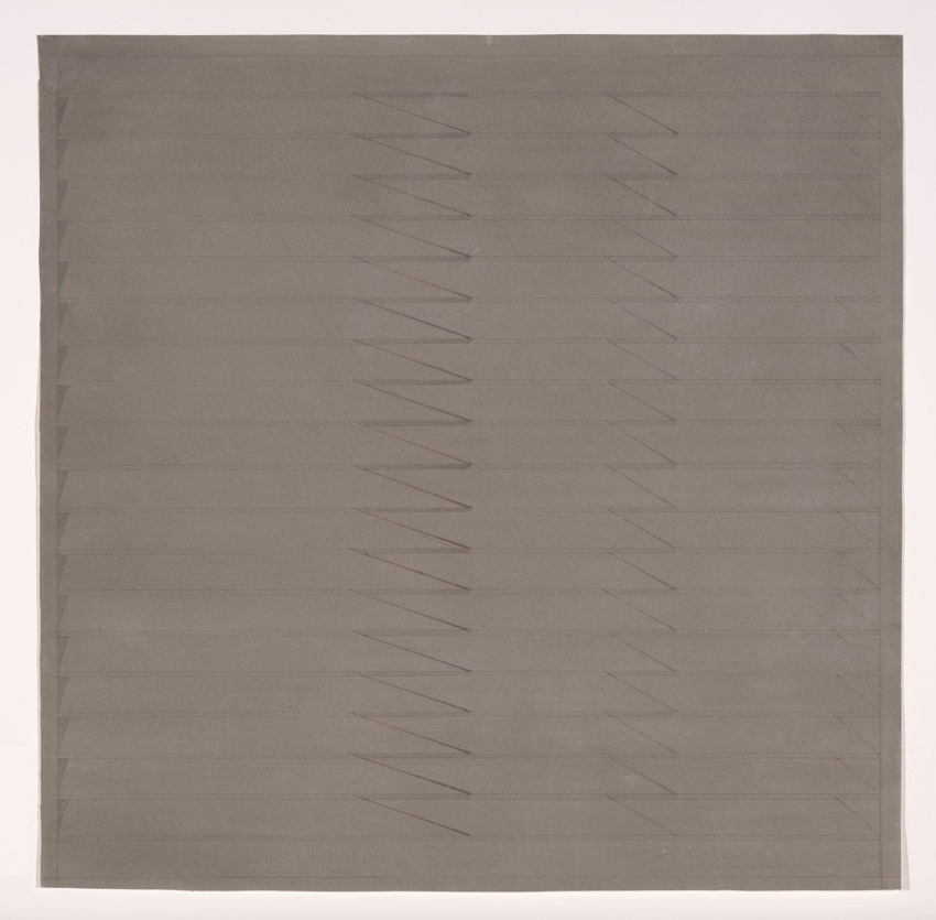 Abstract artwork featuring a series of diagonal slits across a gray canvas.