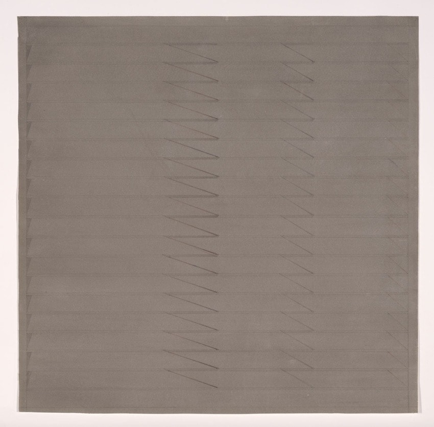 Abstract artwork featuring a series of diagonal slits across a gray canvas.