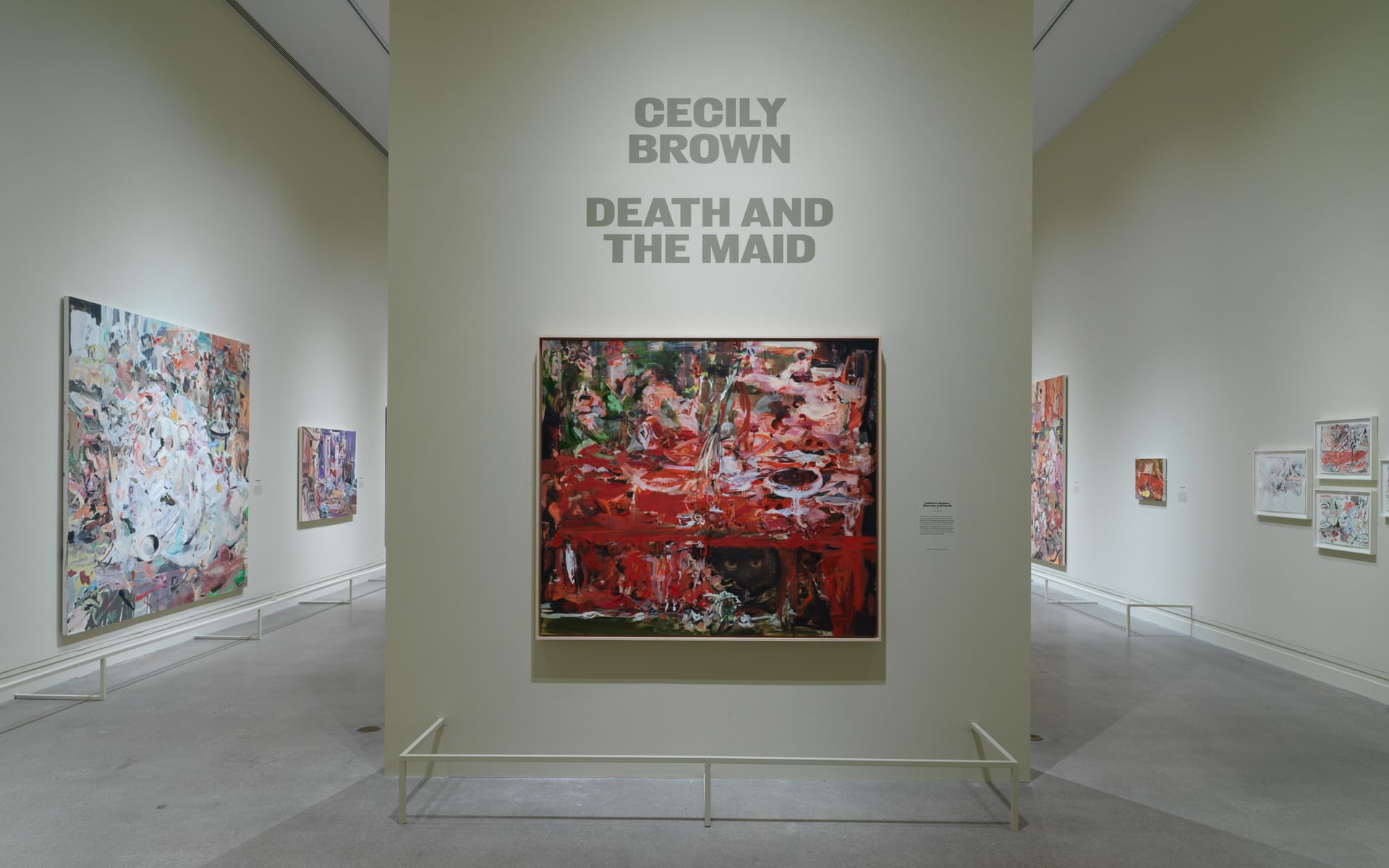 Art gallery with Cecily Brown's "Death and the Maid" exhibit featuring colorful abstract oil paintings on walls.