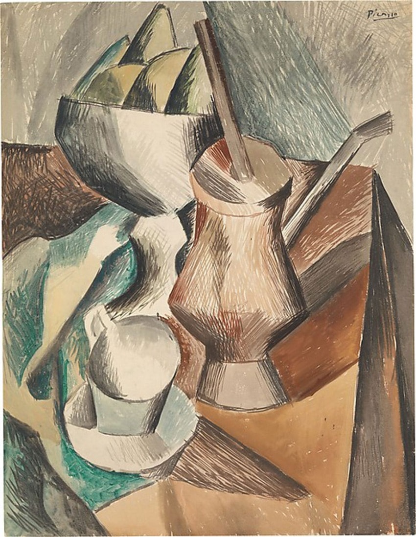 Cubist still life painting with a bowl of fruit, geometric jug, and cup on a table, in muted tones and abstract shapes.