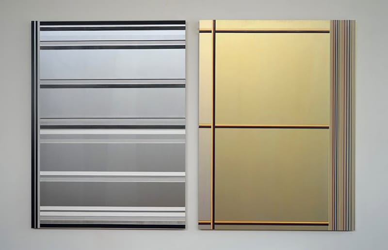 Two abstract paintings with geometric patterns, one in grayscale with horizontal lines, one in gold tones with vertical and horizontal lines.