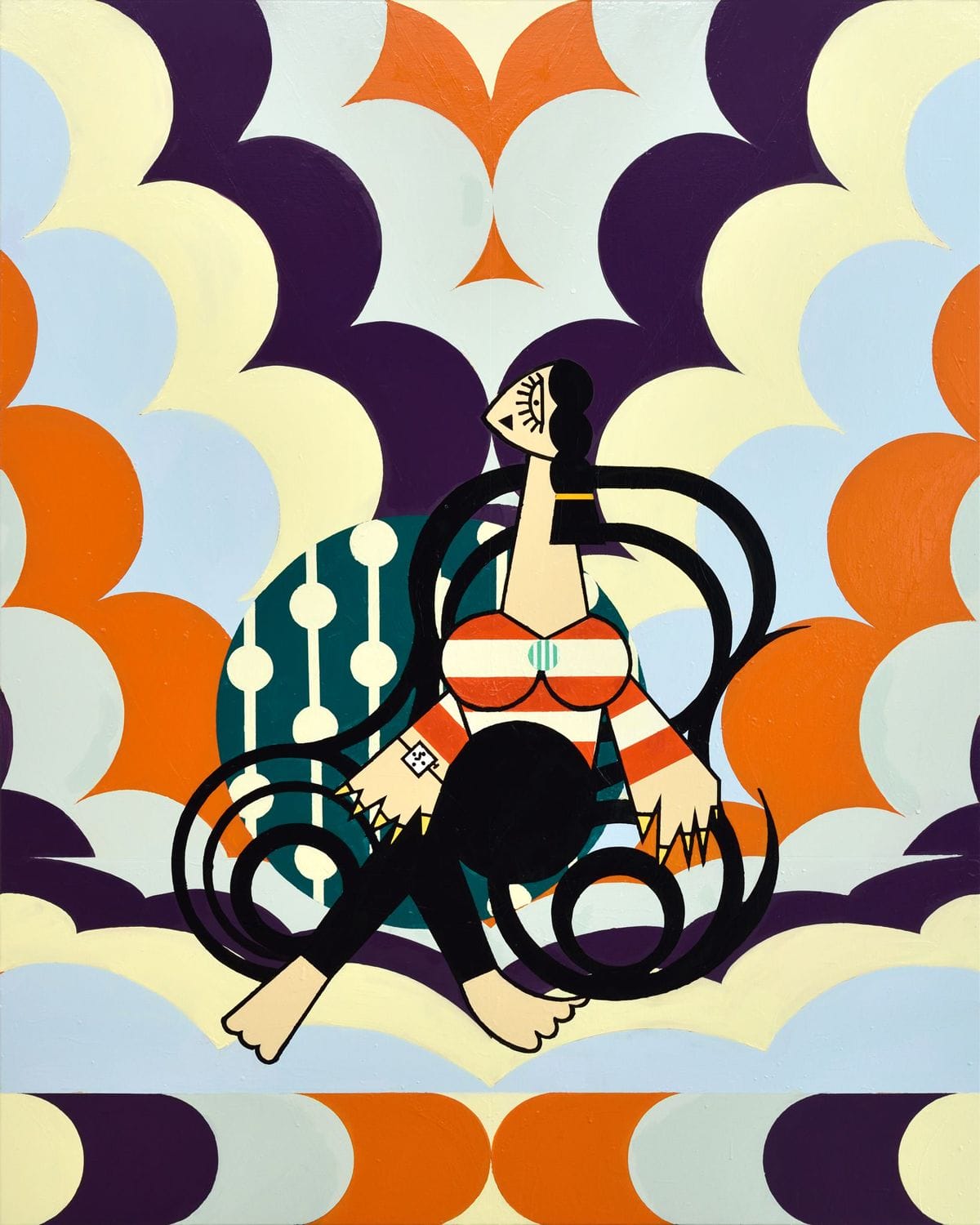 Abstract art of a seated figure with long hair on a colorful patterned background with purple, orange, and white shapes