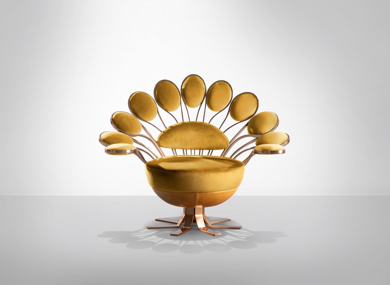 Unique peacock-inspired chair with yellow velvet cushions and copper accents on a minimalist background.