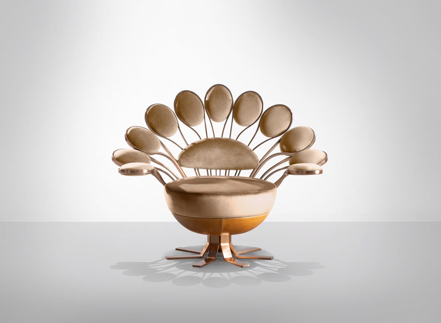 Elegant chair with a unique petal-like backrest design, featuring plush cushions and a metallic base against a plain background.